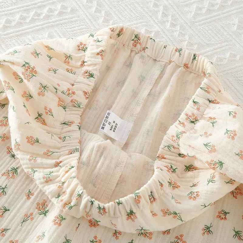 2023Women's Pajamas Pure Cotton Women's Long sleeved Pants Round Neck Loose Homewear Small Fower Print Baby Cotton Sleepwear Set