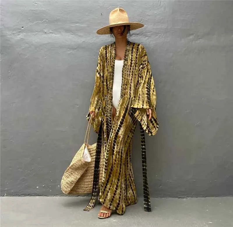Long Kimono Swimsuit Cover up for Women Stylish Tie Dye Open Front Beach Outfits Bathing Suit