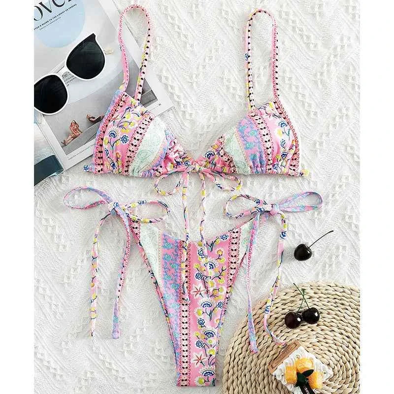 BIQIUYYI New Floral Print String Bandage Bikinis Triangle Cup Push Up Swimsuit Women Bathing Suit Beachwear Halter Swimwear XS