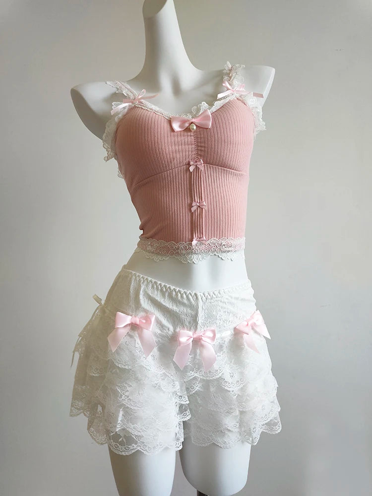 Sweet Crop Top Women Lace Trim Cotton Cropped Bows Bead Decoration Pink White Cute Camis Sweet Girls Lolita Style Kawaii Clothes