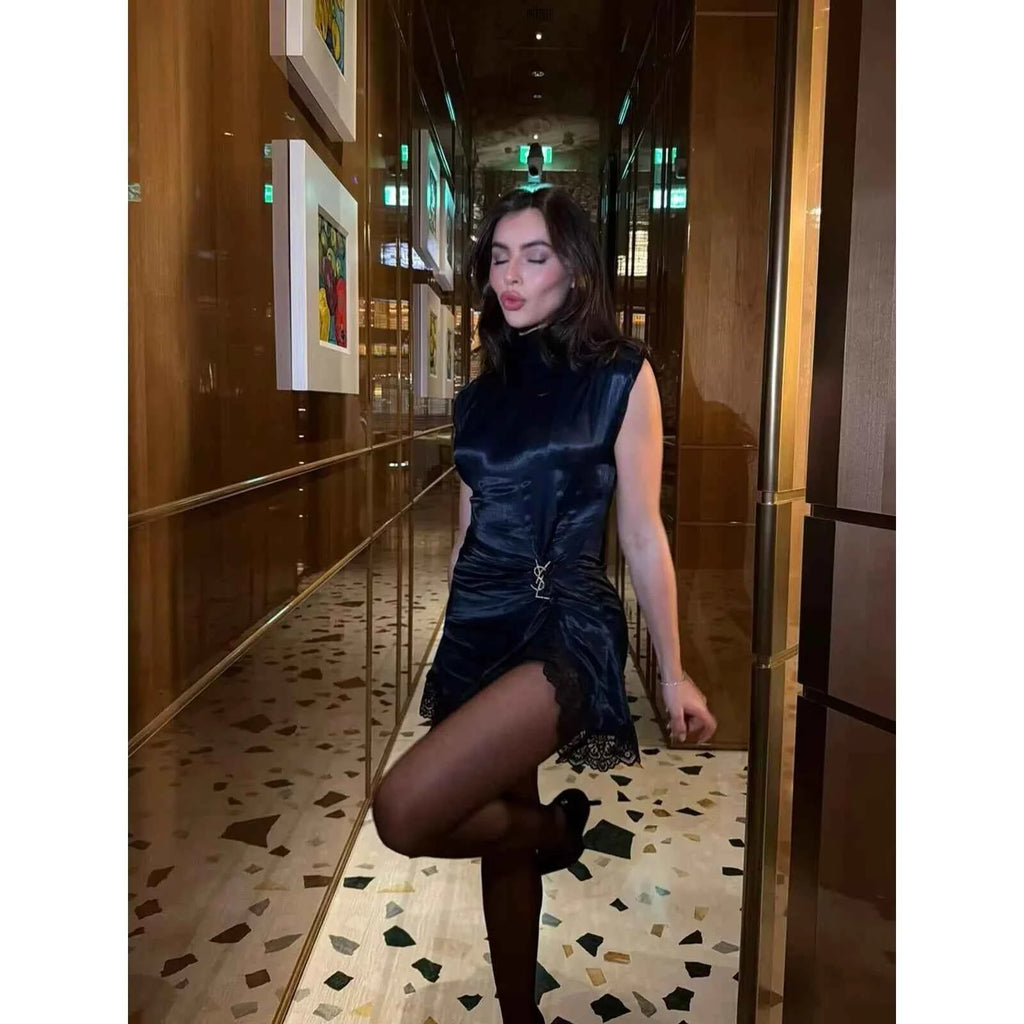 BSAY Satin dresses women's clothing fashion back zip hem lace patchwork slit sexy nightclub mini dress chic French Evening