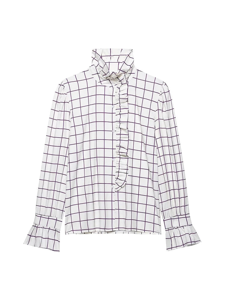 Sweet Women Ruffles Plaid Purple Shirts 2025 Fashion Ladies Casual Stand Collar Blouses for Party Female Elegant Tops Clothes
