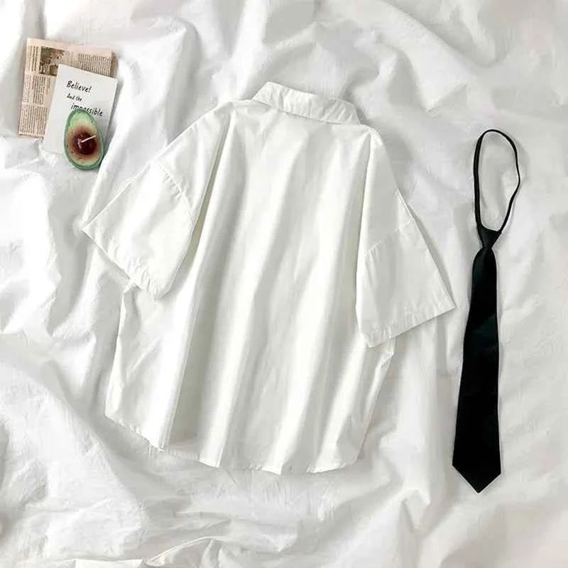 E-BAIHU 2025 White Shirt Women Blusas Short Sleeve Lapel Blouse with Tie Japanese Fashion Student Summer Daily College Style Top