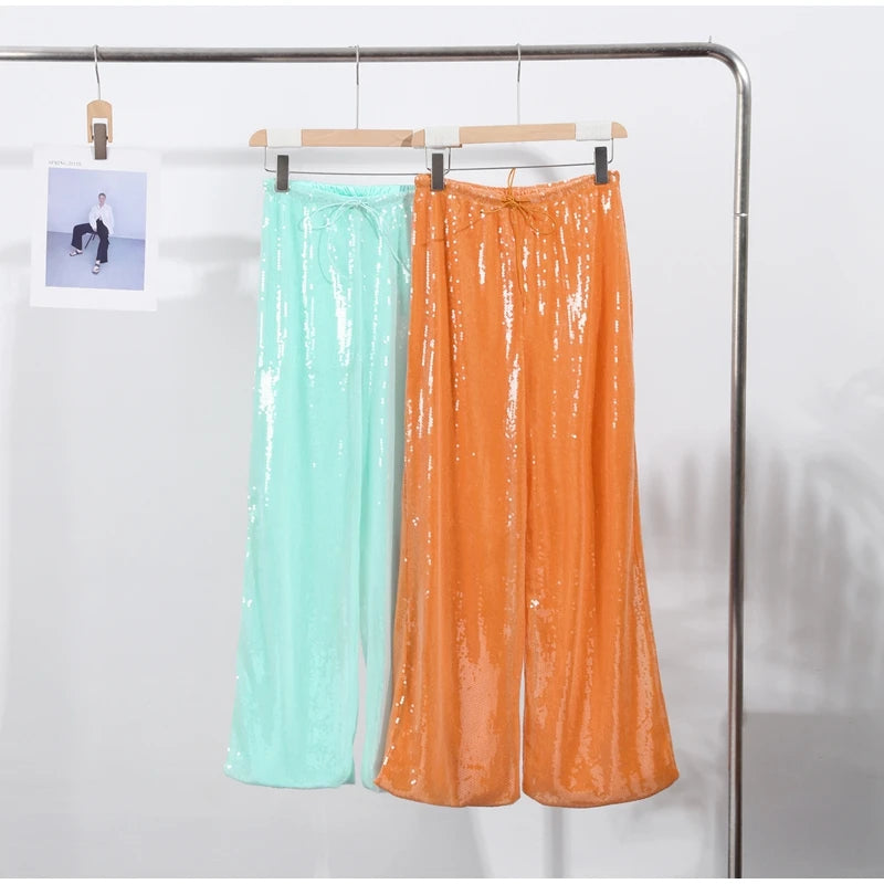 Loose Solid Color Sequin Pants Woman Cinched Waist Glitter Straight Baggy Long Pants Casual Street Chic Sparkle Women's Trousers