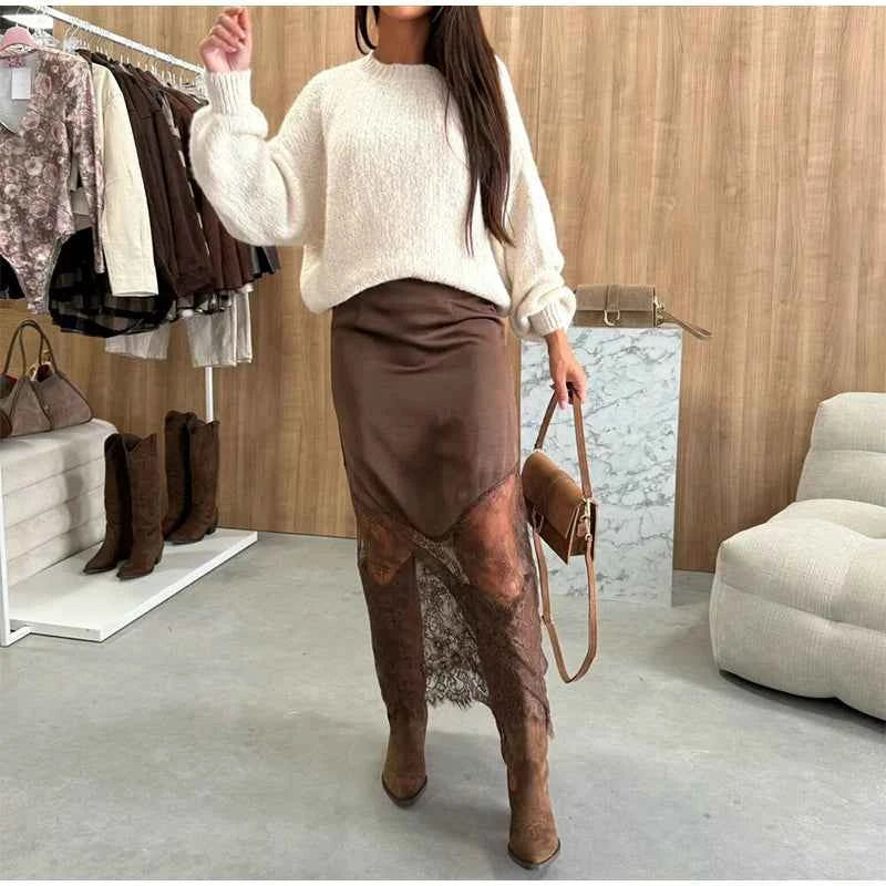 Sexy Lace Patchwork Long Skirt Women Elegant Fashion Solid Waist Cinched Mid-length Bottom Lady 2025 Party Daily Street Skirts