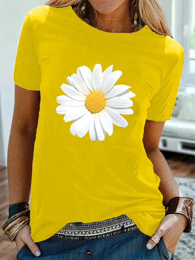 Cotton  100% Women's Round-neck Daisy Print Short-sleeved T-shirt for Women Harajuku  Aesthetic Clothes  Graphic T Shirts  Tops