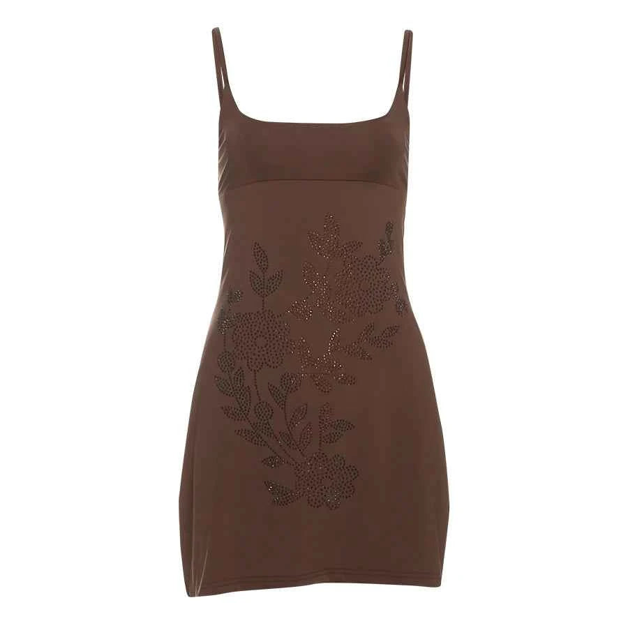 Nibber Fake Diamond Stickers Sundresses Women Low-Neck Flowers Backless Sexy Midnight Skinny Elasticity Summer Fad Mini Bodycon