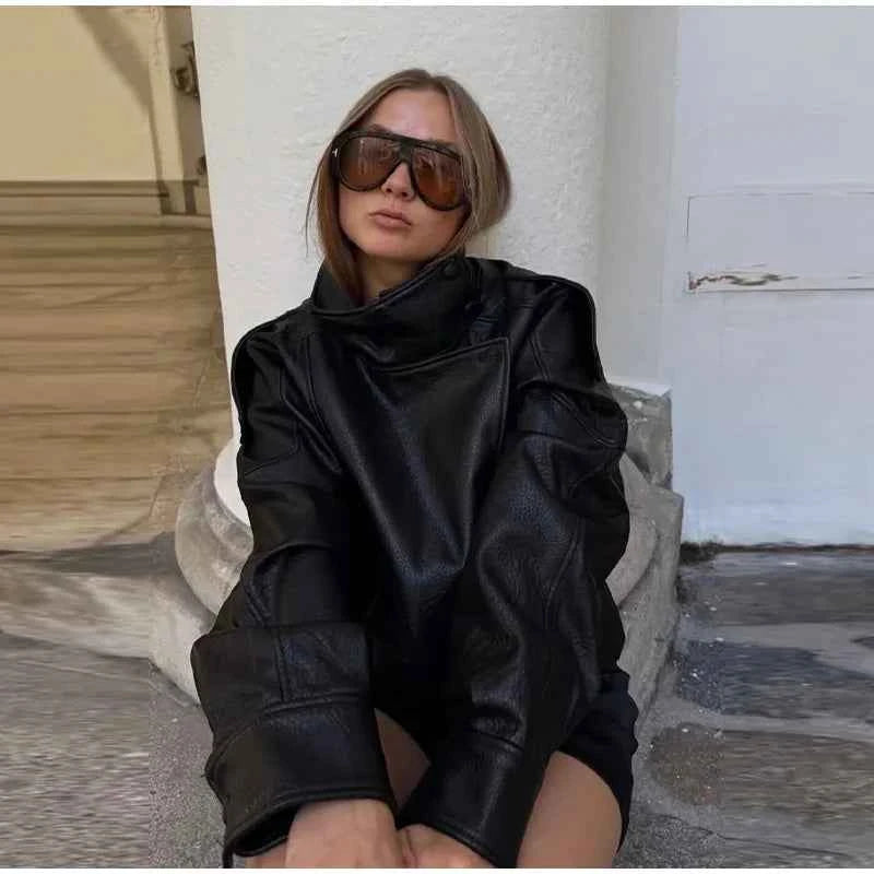 Vintage PU Leather Women's Jacket Stand Collar Zipper Button Coats Female Long Sleeve Outerwear Spring Lady Street Jackets