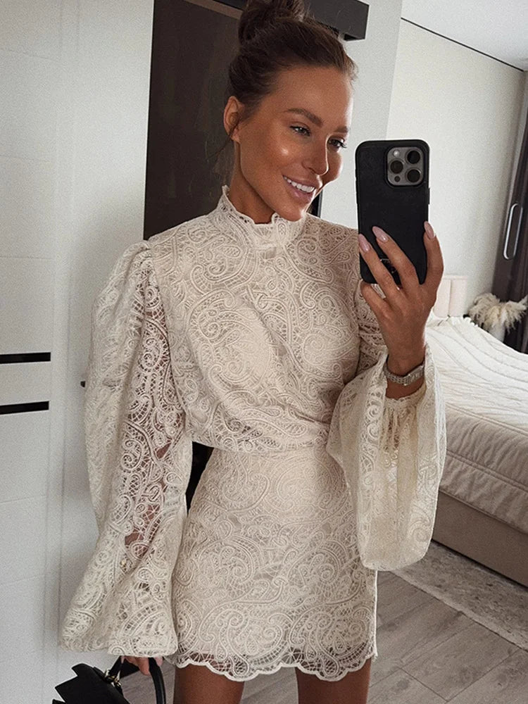 White Lace Dresses Elegant Solid Flared Sleeve High Neck Slim Pleat Mini Women Dress 2026 New Fashion Club Evening  Party Robes