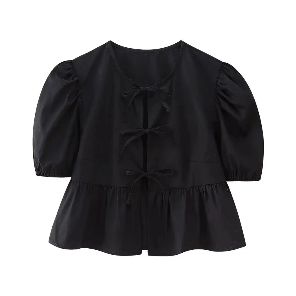 HH Fashion Solid Hollow Out Shirt Women Causal O Neck Short Sleeved Lace Up Tops Chic Female Casual Blouse Streetwear 2024