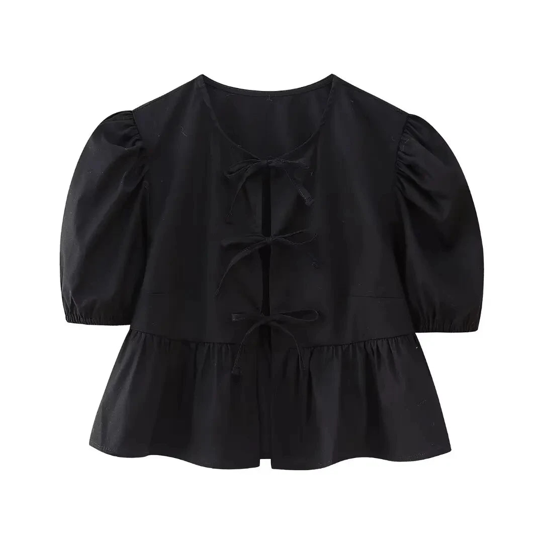 HH Fashion Solid Hollow Out Shirt Women Causal O Neck Short Sleeved Lace Up Tops Chic Female Casual Blouse Streetwear 2024