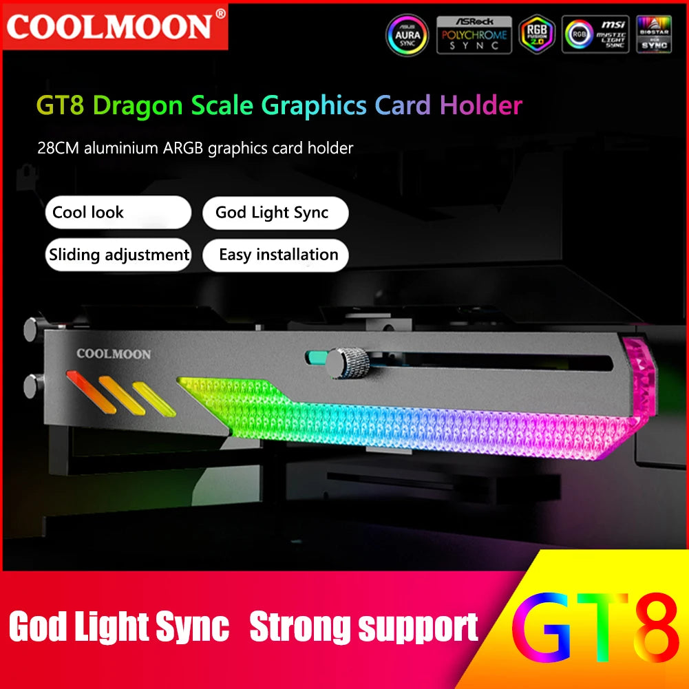 GT8 Horizontal GPU Support 5V ARGB Bracket Computer Video Card Stand GPU Holder with Aluminum Alloy Shell Slide Adjustment
