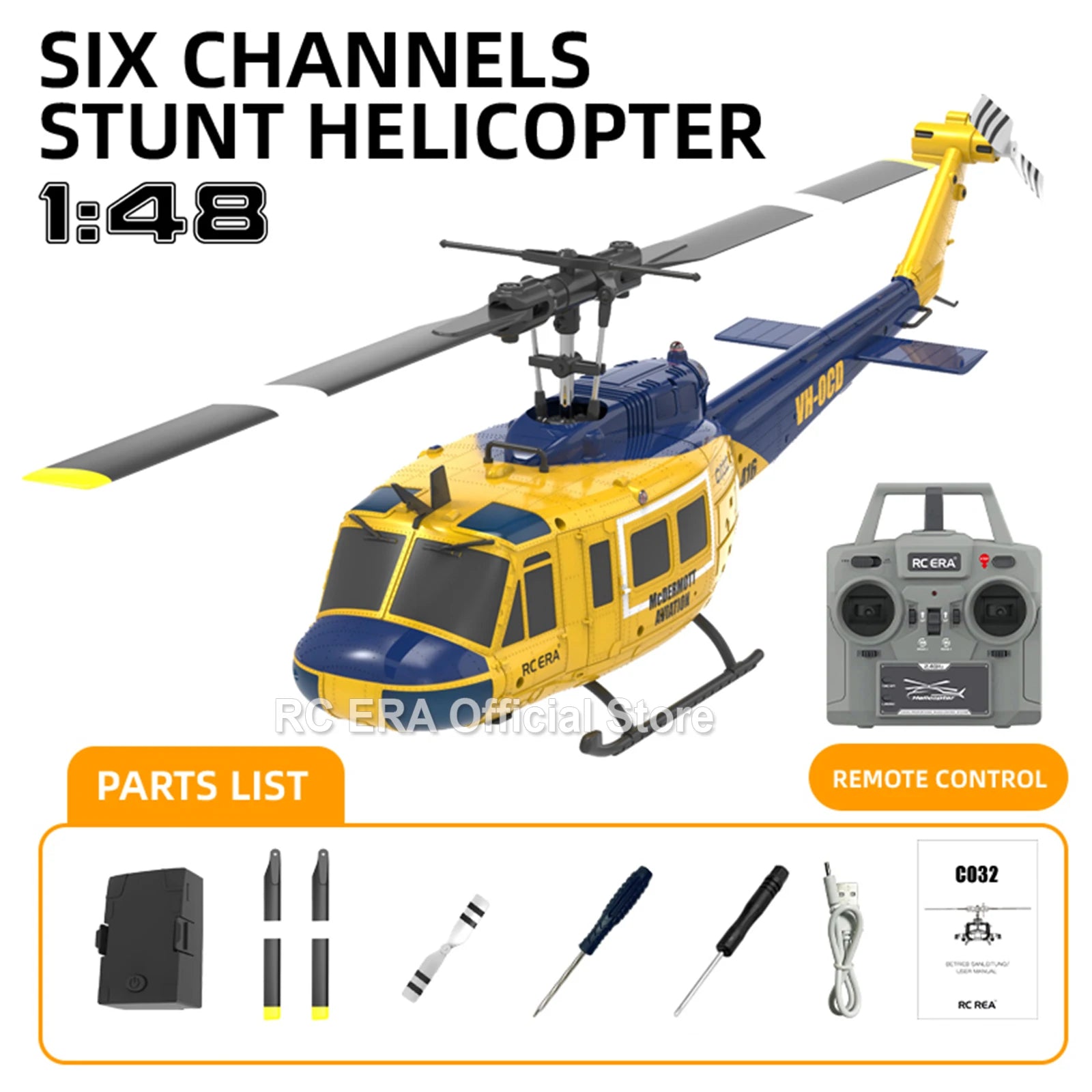 RC ERA C032 UH1 Huey Weathered Marine 6ch RC Helicopter with Optical Flow TOF Auto Stabilized Remote Control Hobby Toys for Boy