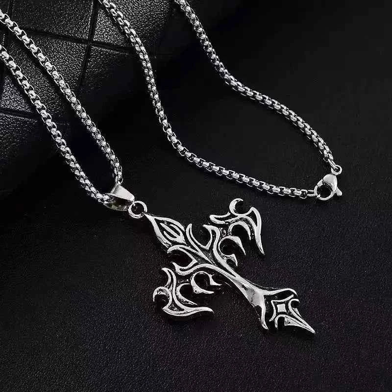 1PCS Fashion Retro Flame Cross Pendant Necklace Men's and Women's Long Chain Punk Gothic Fashion Accessories