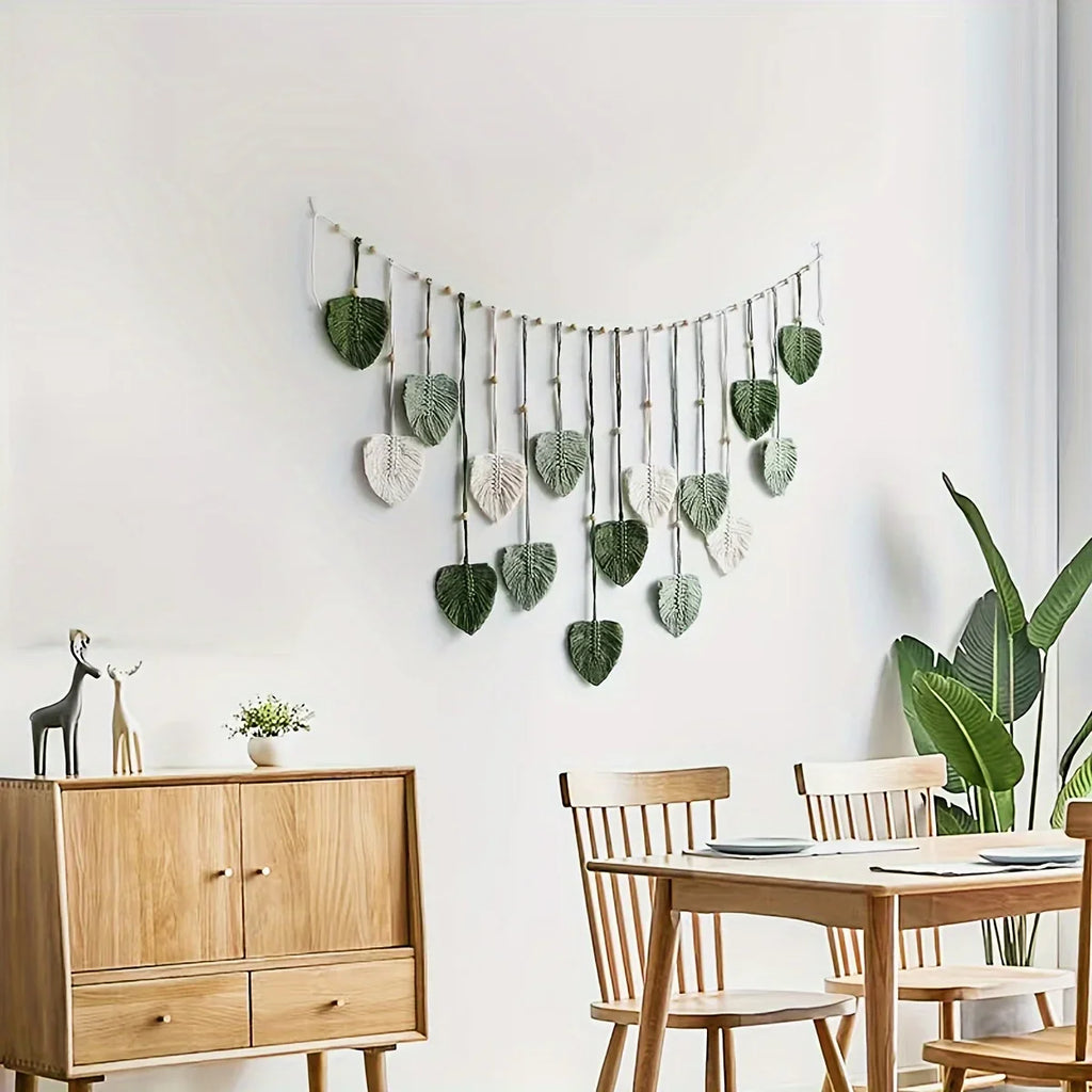 Modern Woven Wall Decor, Beautiful Room Decor, Green Leaves Hanging on The Walls, Bohemian Style, Feather, Ramadan Easter Gift