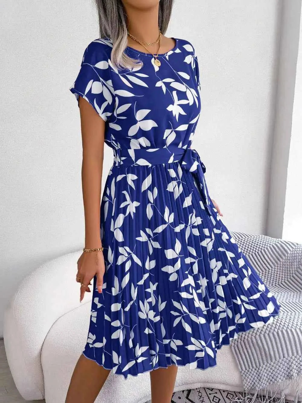 Ficusrong Fashion Floral Pleated A Line Long Dress Women Spring Summer Short Sleeve High Waist Chic Dress