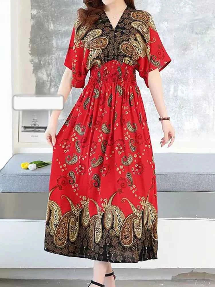 Colorful Flower V-neck Elastic Youthful Bohemian Sweet Midi Dress Woman Clothes Chic Fashion Summer Dresses 2025 Large Swing Ski