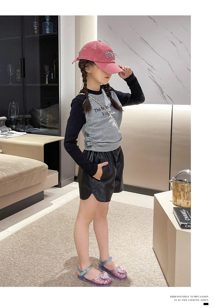 2026Kids' Sandals Ourdoor Crystal Jelly Shoes PVC Love Baby Fashion Flat For Girls Breathable Anti-slip Purple Sliver Size 24-35