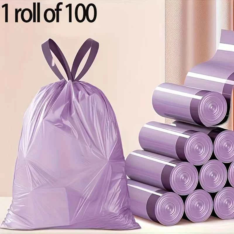 Purple Drawstring Trash Bags 100-Pack Thick Leak-Proof Disposable Garbage Bags for Kitchen Bathroom Home Trash Cans
