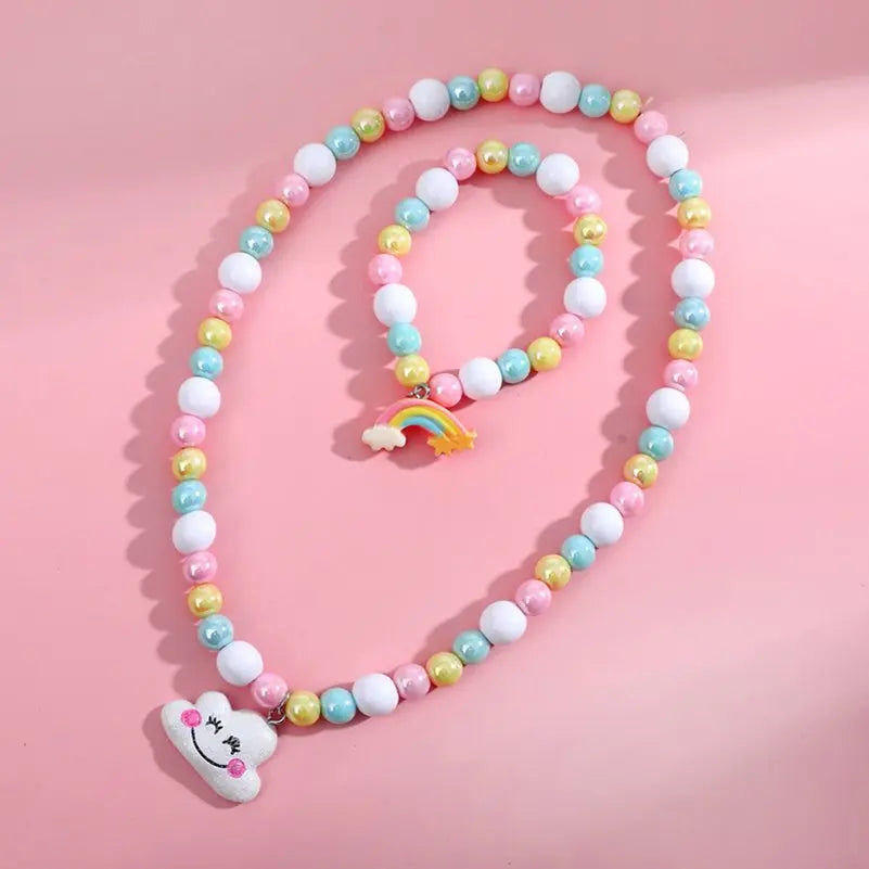 2pcs Colorful Cartoon Unicorn Flower Animal Child Sweater Necklace Bracelet Girl's Gifts Children's Jewelry Kids Toys