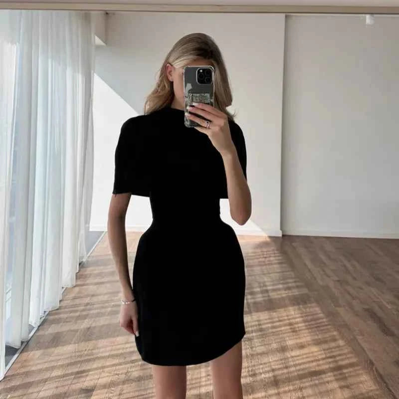 Cinching Waist Solid Mini Dresses Women Elegant Cap Sleeves Slim Fit Short A Line Dress 2025 New Summer Vacation Party Gowns