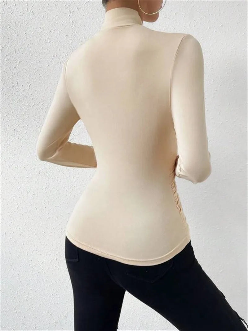 Women's Clothing Autumn Winter Tshirts New Design Cross Neckline Versatile Pleated T-shirt Comfortable Fashion Slim Fit Sexy Top