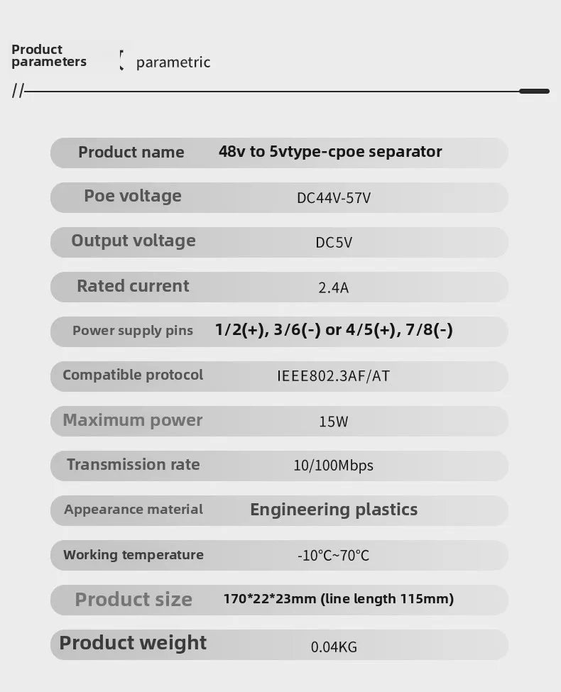 100Mbps 48V To 5V POE Splitter Standard Isolated Type-C USB Power Supply Module POE Splitter