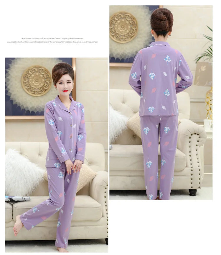100% Pure Cotton Long Sleeve Sleepwear Set for Elderly Women Spring Summer Autumn Home Clothes Outwear Comfortable Home Suit