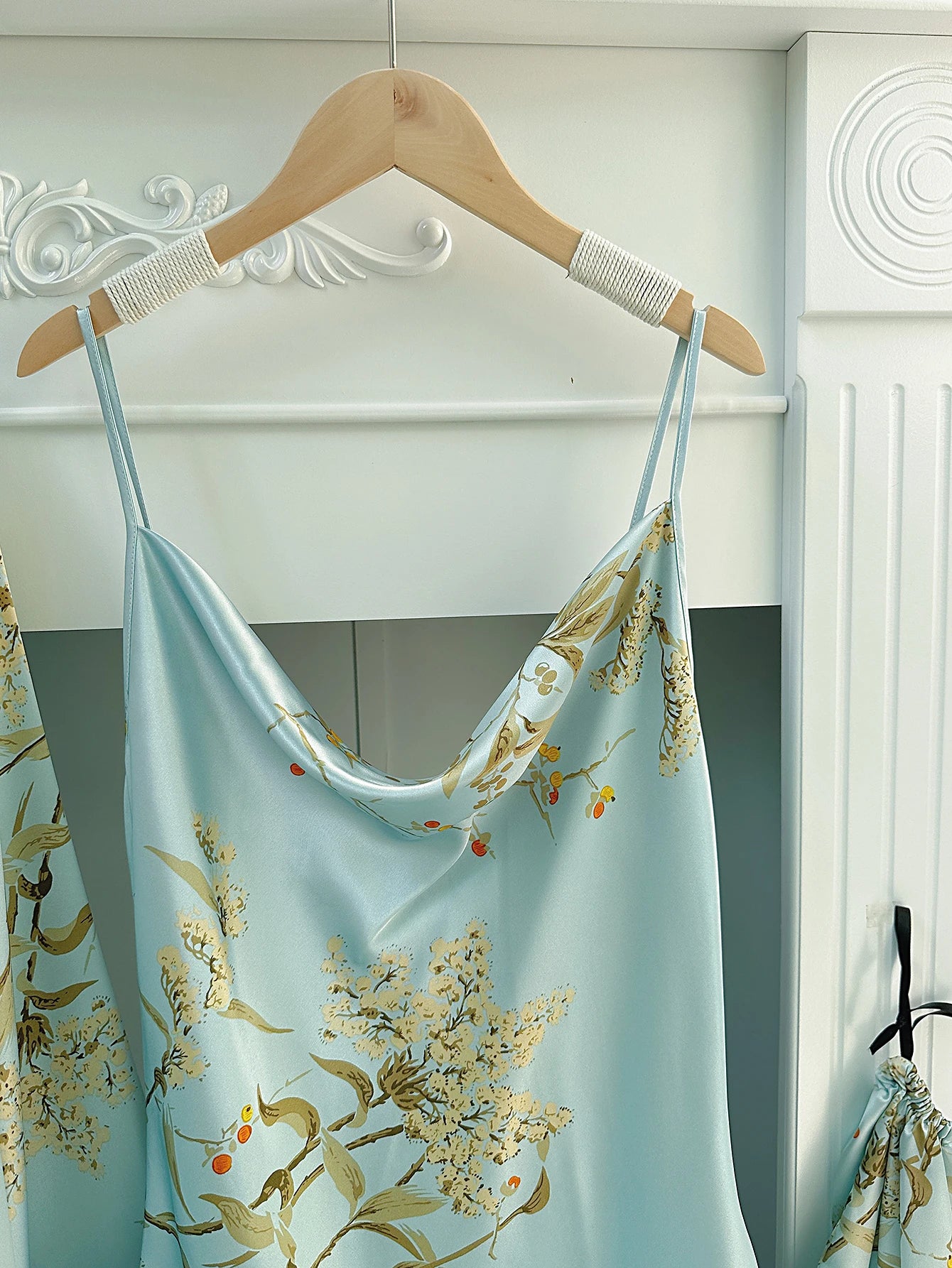 Floral Print Pajama Set Long Sleeve Robe With Belt   V Neck Slip Dress  Women's Sleepwear  Loungewear