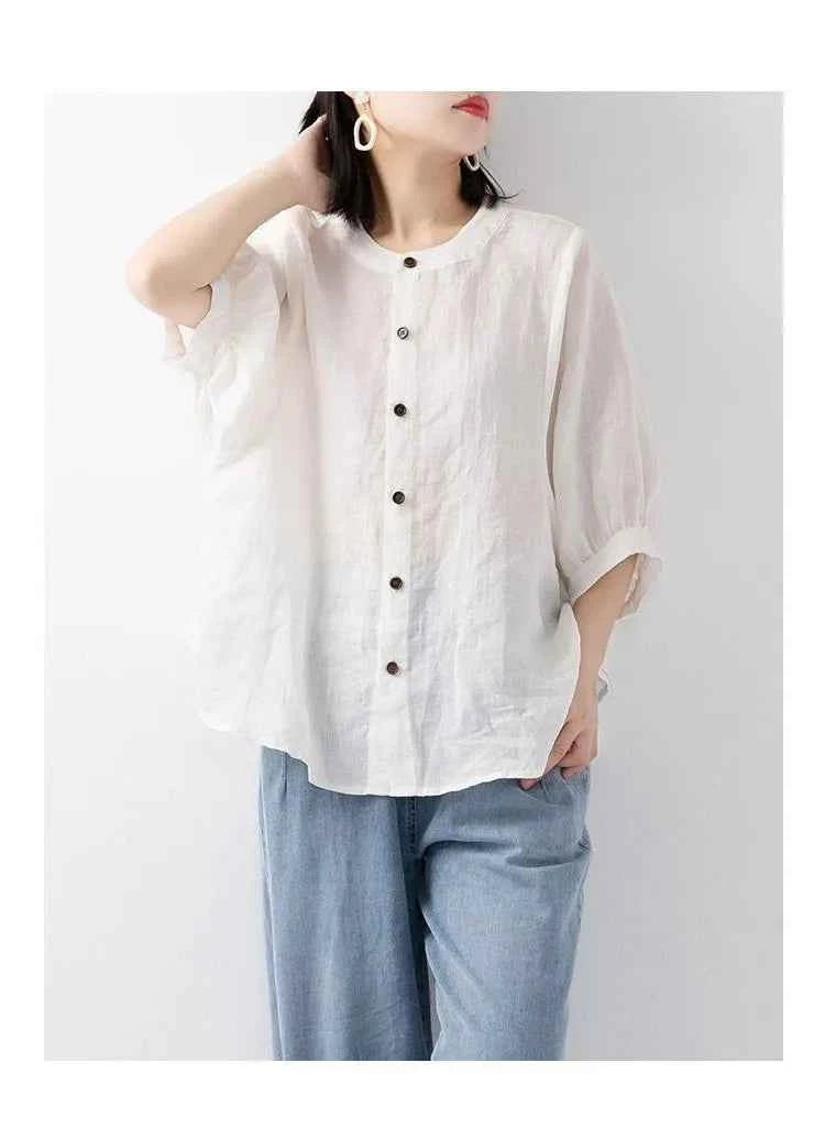 Cotton and linen shirt women's spring and summer thin solid color lantern sleeve stand collar top loose large size shirt