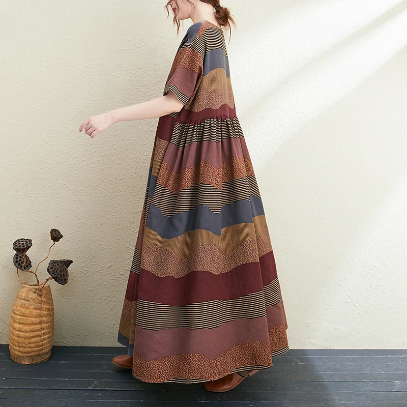 2026 New Summer Cotton Linen Short Sleeve Vintage Striped Print Dresses For Women Long Fashion Dress Elegant Vestidos Robe Femme
