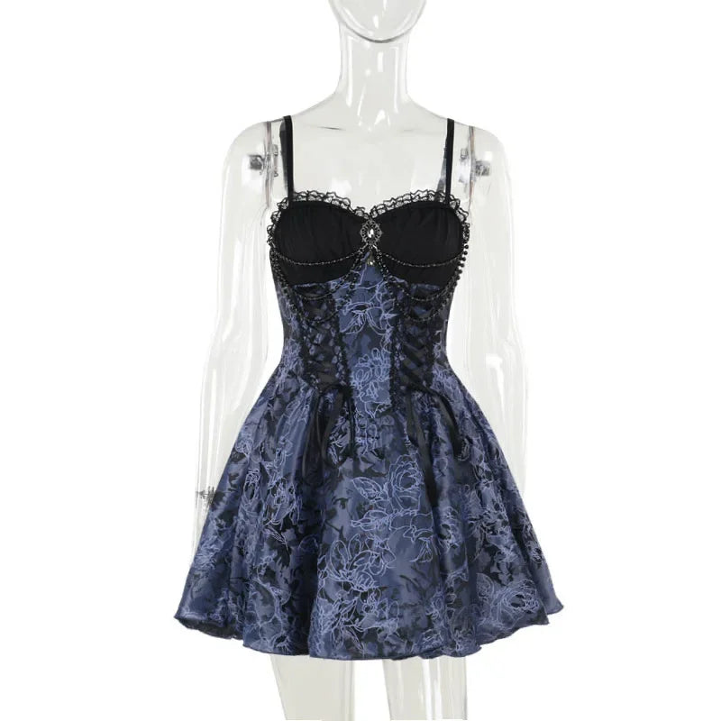 2024 New Vintage Gothic Purple Mini Dress Women Sexy Spaghetti Strap High Waist Dresses Punk Grunge Slim Party Club Dress Women