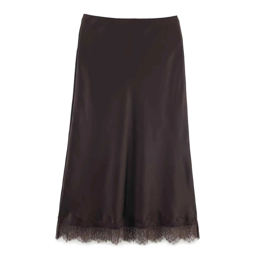 SAW Independent Station Sexy Lace Patchwork Satin Feel Mini Skirt Autumn Fashion Trendy Polyester Fiber Long A-Line Skirt