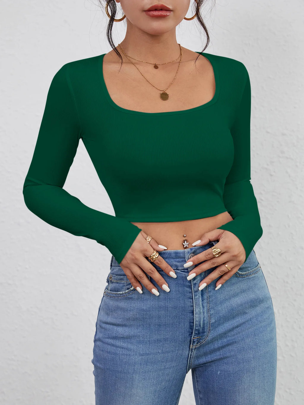 Slim Fit Short Sexy Top with Exposed Navel Casual Long Sleeved Solid Color T-Shirt Square Neck Vest Women's Clothing