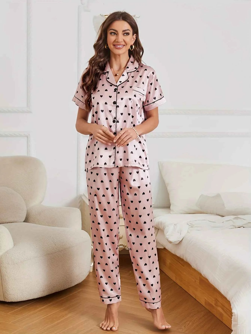 Heart Print Satin Pajama Set Casual Short Sleeve Buttons Lapel Top & Elastic Pants Women's Sleepwear