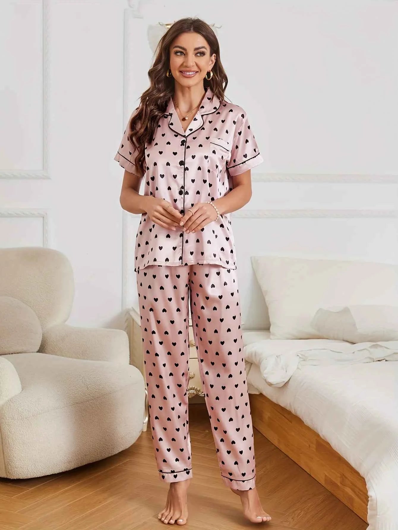 Heart Print Satin Pajama Set Casual Short Sleeve Buttons Lapel Top & Elastic Pants Women's Sleepwear