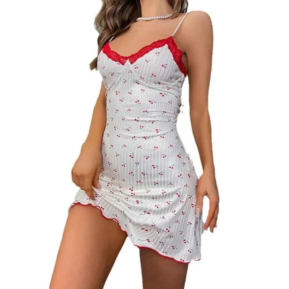 Women's Summer Sleepwear Heart Print Sling Dress Backless Casual Nightdress Short Skirt Soft Loungewear Homewear