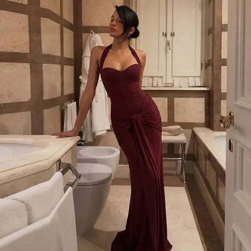 Sexy Backless Lace Up Halter Neck Maxi Dress Women Sleeveless Ruched Waist Draped Bodycon Dresses Party Evening Cocktail Robes