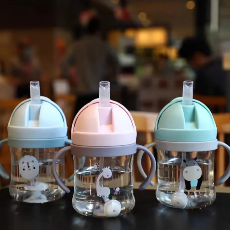 250ml Double Handle Baby Drinking Cup Feeding Bottle With Straw Gravity Ball Wide Caliber Drinking Milk Water Bottle With Handle