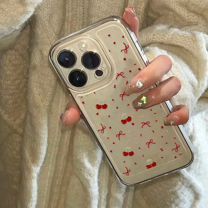 Cute Bow Cherry Phone Case For iPhone 16 Pro Case iPhone 15 13 17 11 12 14 Pro Max 16E XR XS 7 8 Plus SE Shockproof Clear Cover
