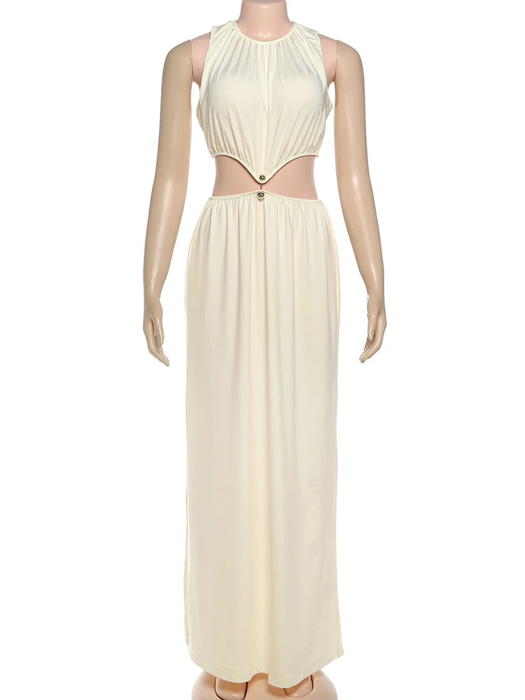 Sisterlinda Metal Patchwork Waistless Long Dresses Women o-Neck Sleeveless Summer Vacation Y2K Style Ruched Elegant Vestidos
