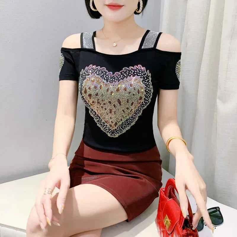 New Arrival Summer European Clothes Women's T-Shirts Chic Luxury Butterfly Hot Diamonds Tees Sexy Girl Slim Streetwear Tops