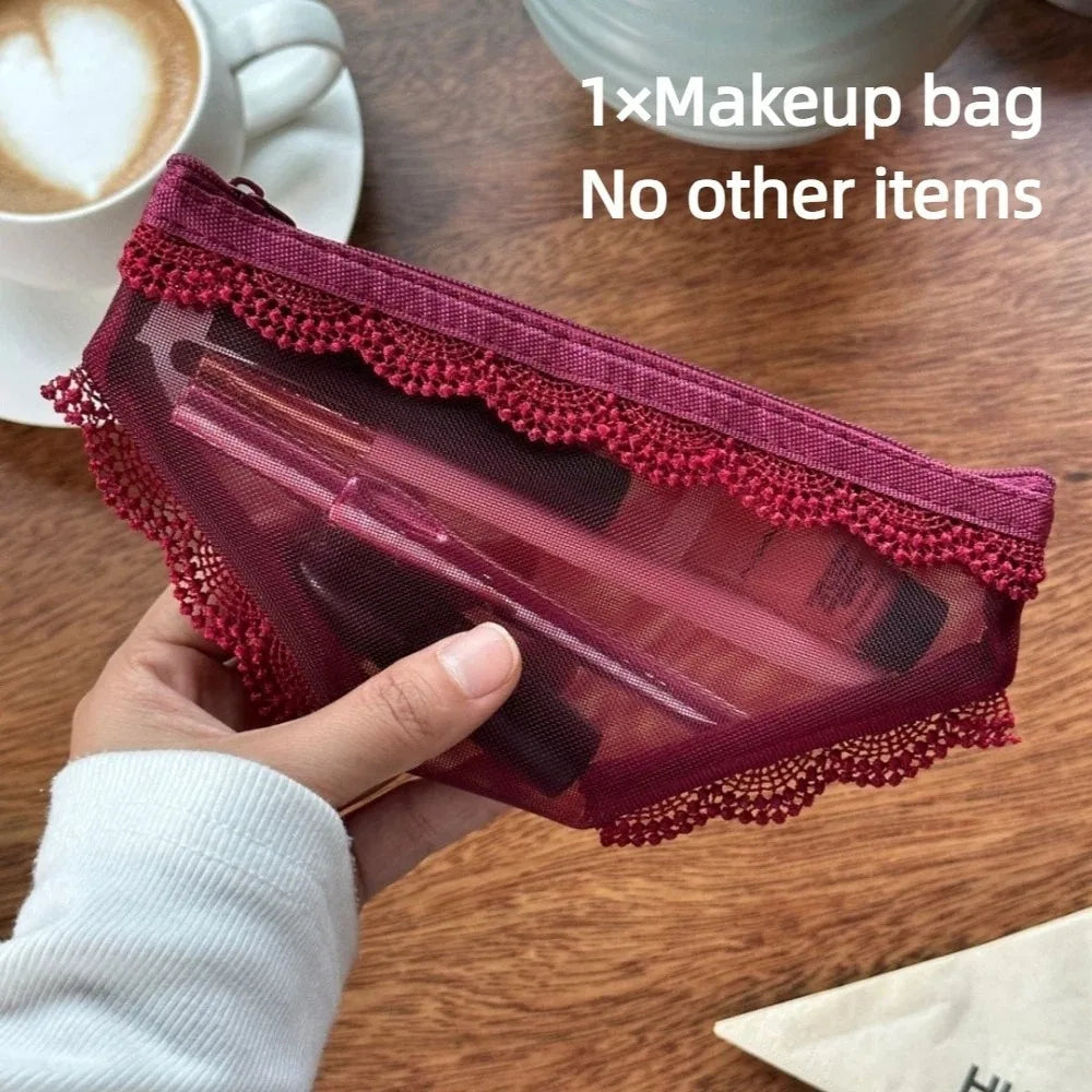 New Briefs Shape Cosmetic Bag Mesh Lace Heart Makeup Storage Pouch Y2K Transparent Toiletry Bag Storage for Travel