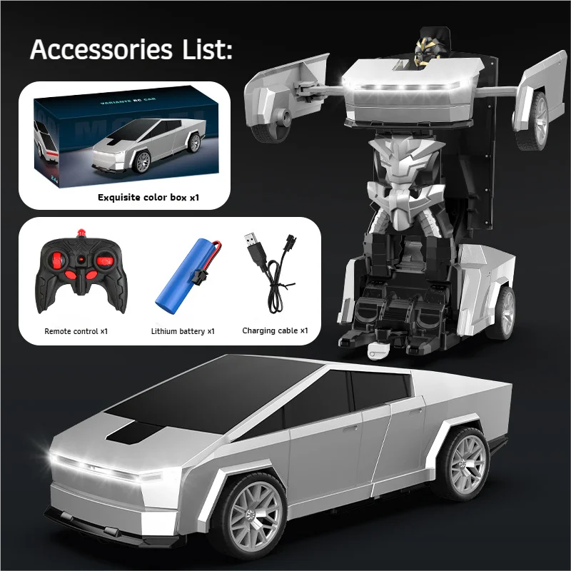 2.4GHz Cyber Pickup Remote Control Robot Car Toy One Click Transformation with LED Light 360° Rotation Drift Mode Children's Gi