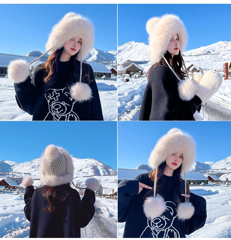 Winter Women Real Fox Fur Hat Fashion Casual Outdoor Warm Knitted Hats Girl Lovely 100% Natural Fox Fur Ear cap bomber caps