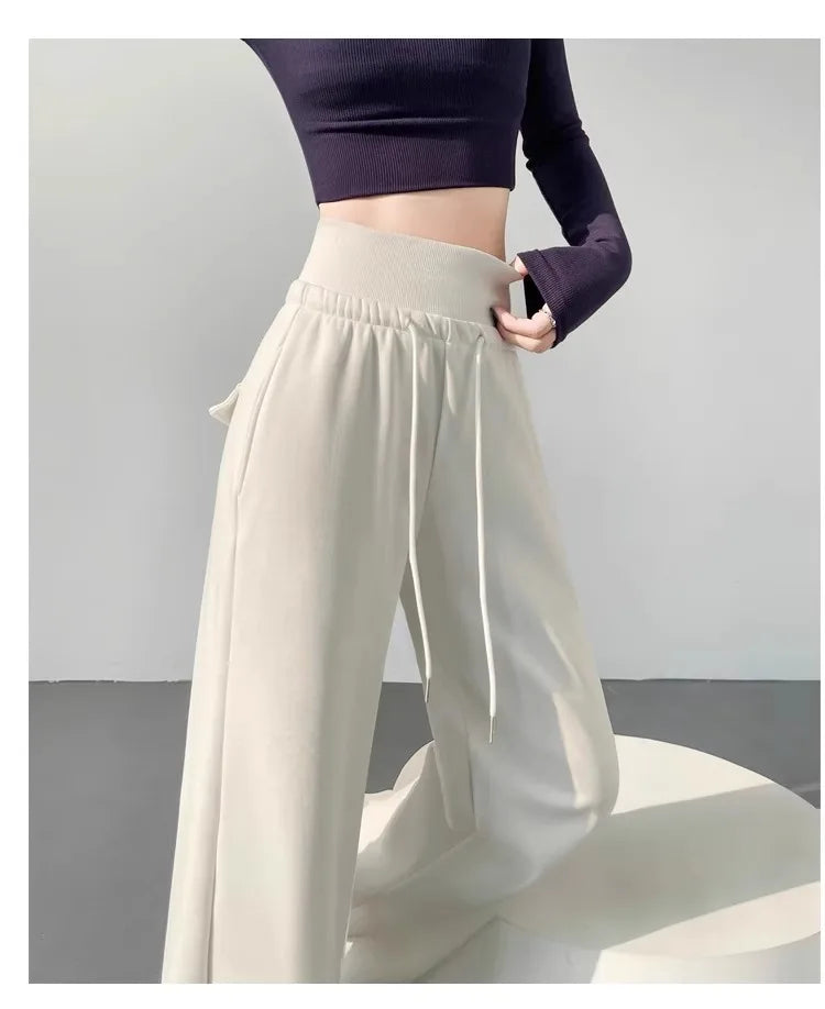 Women's gray sports high waist hanging loose slimming straight leg wide leg pants American sweatpants.