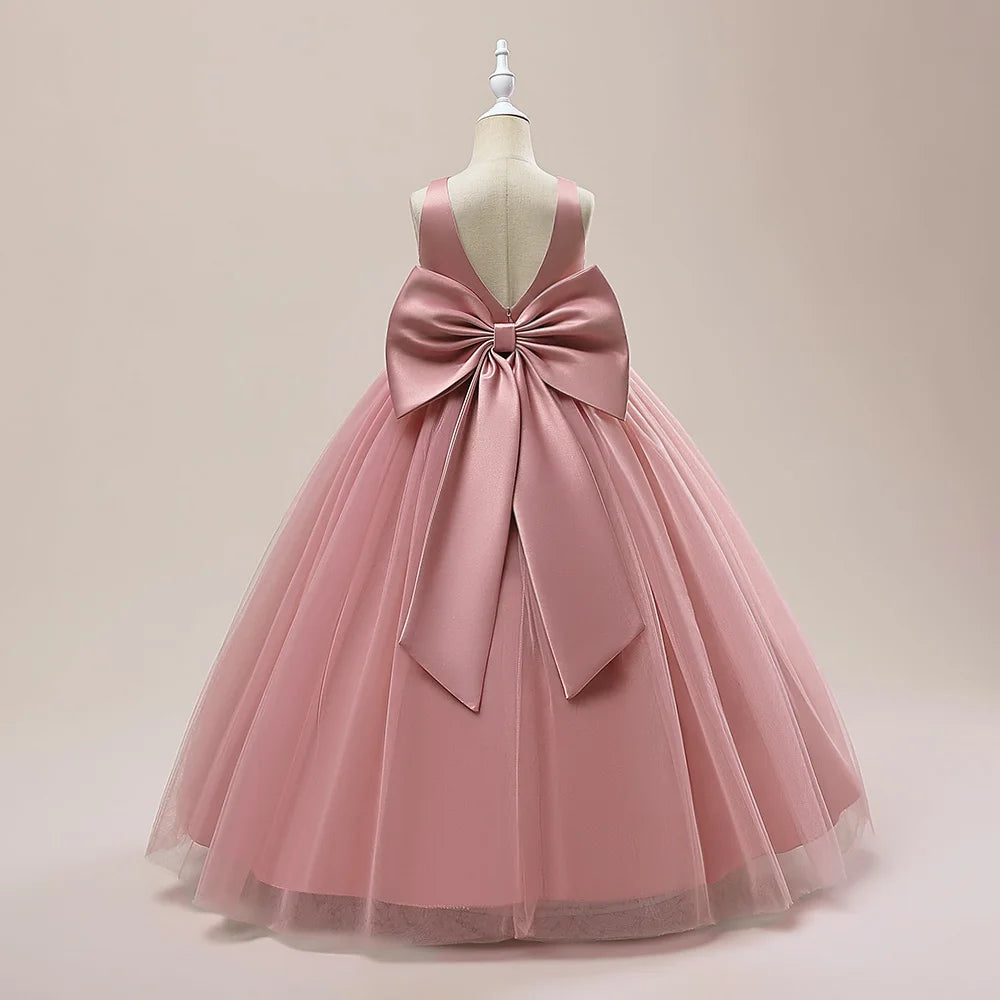 Girl Long White Bridesmaid Dresses For Wedding Prom Gown Big Bow Girls Party Dress Kids First Communiom Formal Evening Vestidos