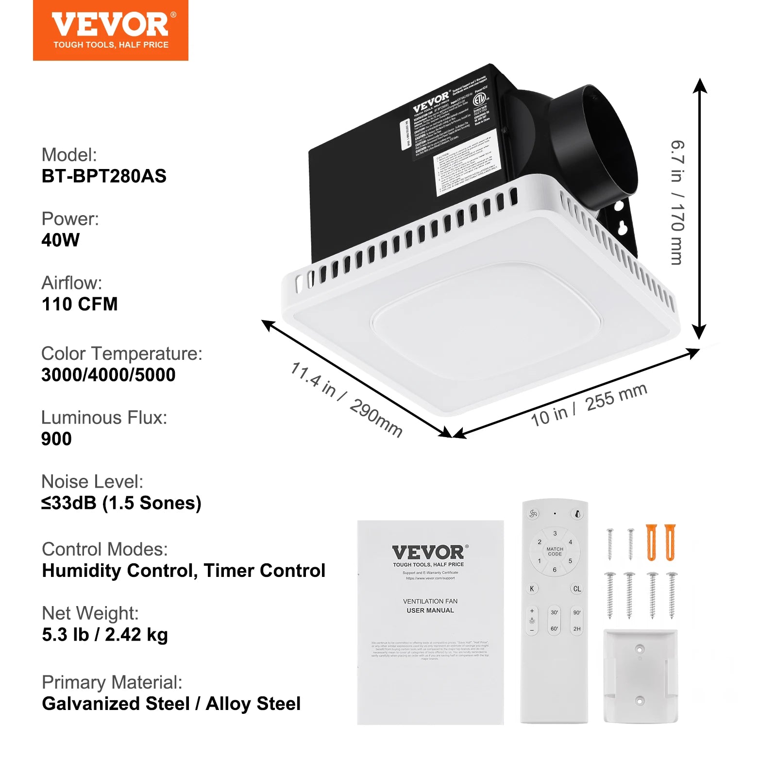 SucceBuy Bathroom Exhaust Fan 80/110CFM High-Efficiency Ventilation 1.5sones Low Noise Operation Energy-Saving Bathroom Ceiling