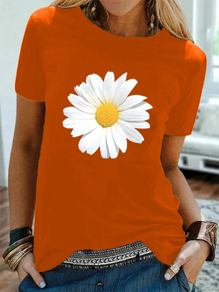 Cotton  100% Women's Round-neck Daisy Print Short-sleeved T-shirt for Women Harajuku  Aesthetic Clothes  Graphic T Shirts  Tops