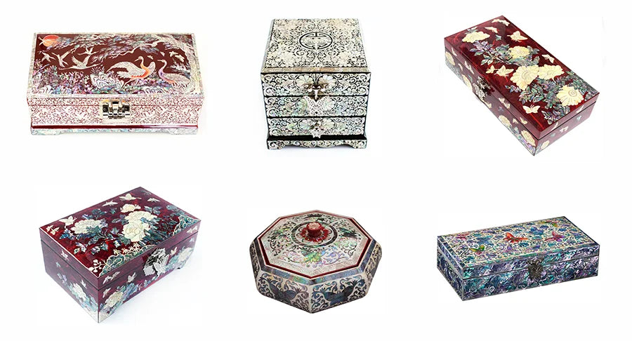 Mother of Pearl Travel Lacquer Wood Drawer Jewelry Ring Earrings Chest Box Case Sea Shell Inlaid Wooden Cube Jewelry Organizer